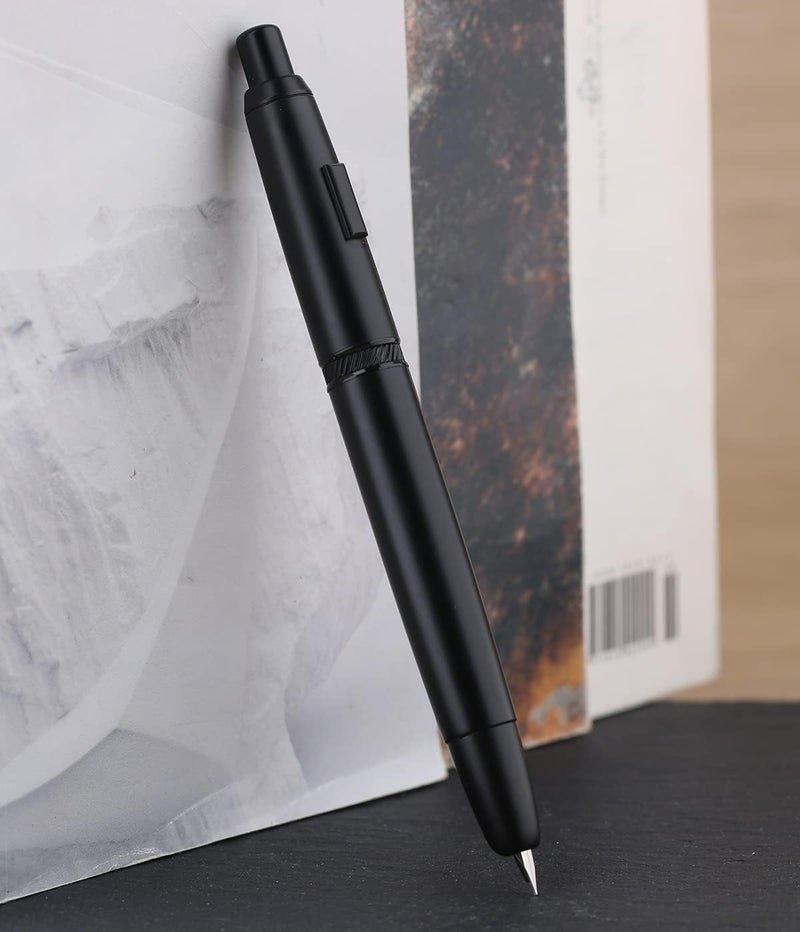 erofa Majohn A1 Press Fountain Pen with Box, Retractable Extra Fine Nib Metal Matte Black Ink Pen with Converter for Writing (No Clip Version) - Image 5